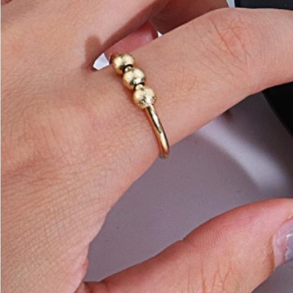 Electroplated Copper Gold Tone Open Style Adjustable Size Fidget Bead Ring - Picture 6 of 9